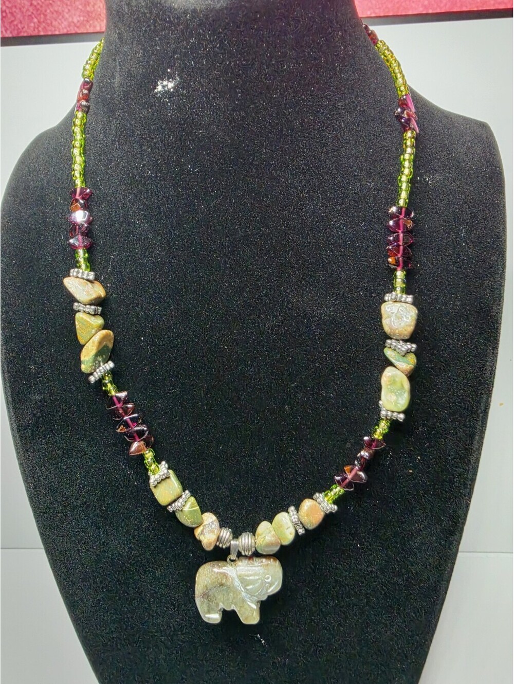 Boho Carved Stone Elephant Pendant Necklace Green Unakite Jasper Purple Beaded